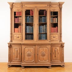Large Antique Bleached Carved Oak Bookcase Cabinet from France