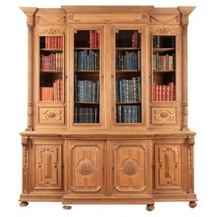 Large Antique Bleached Carved Oak Bookcase Cabinet from France