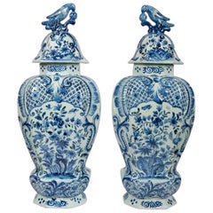 Large Antique Blue and White Delft Covered Vases