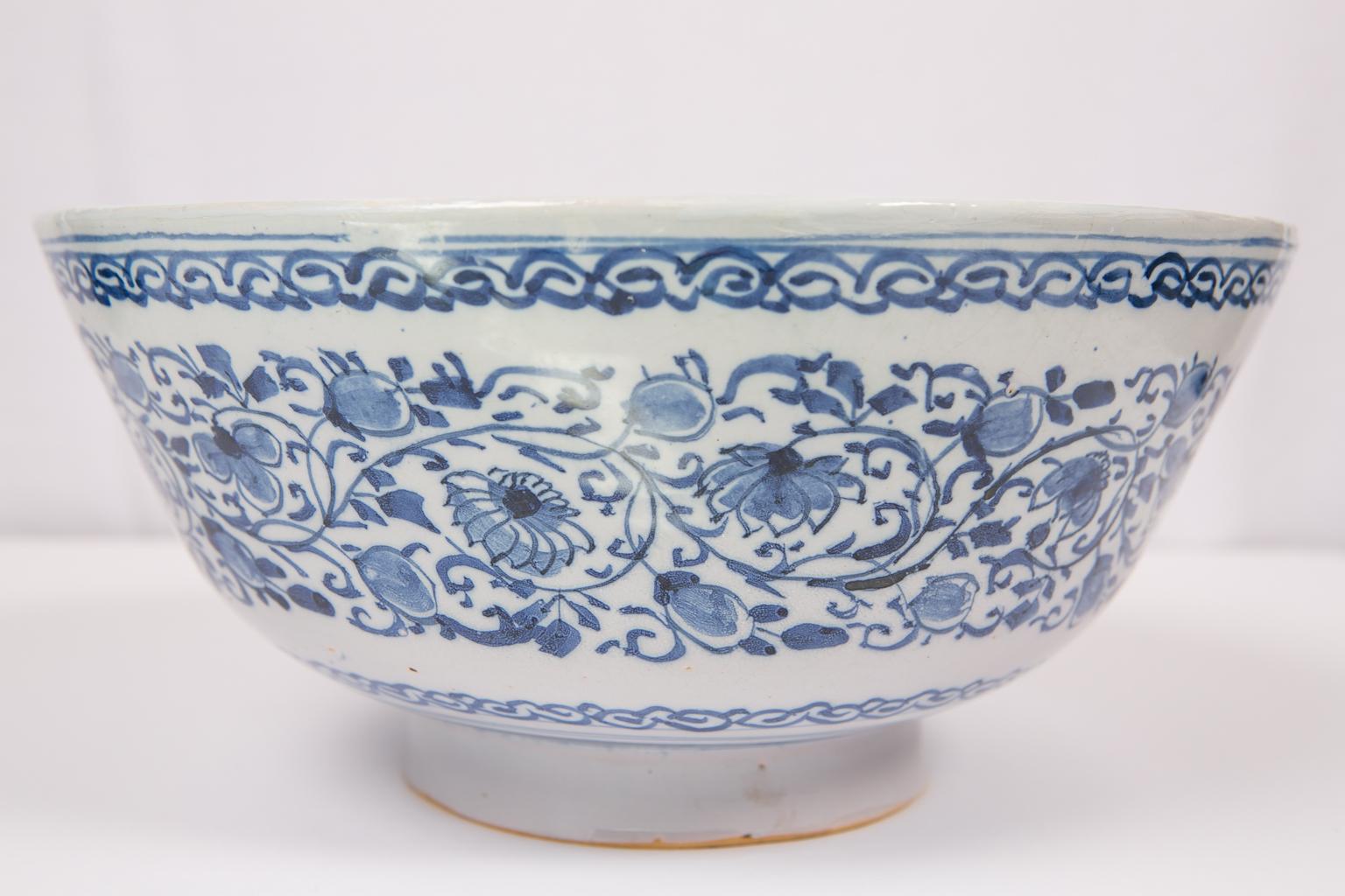 Dutch Large Antique Blue and White Delft Punch Bowl Hand-Painted Made circa 1780
