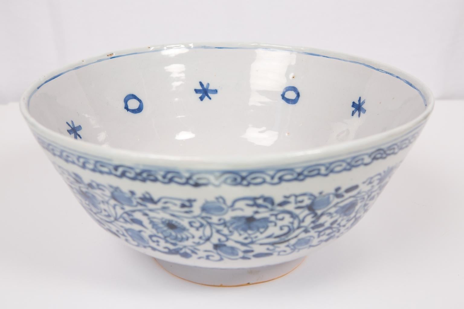18th Century Large Antique Blue and White Delft Punch Bowl Hand-Painted Made circa 1780