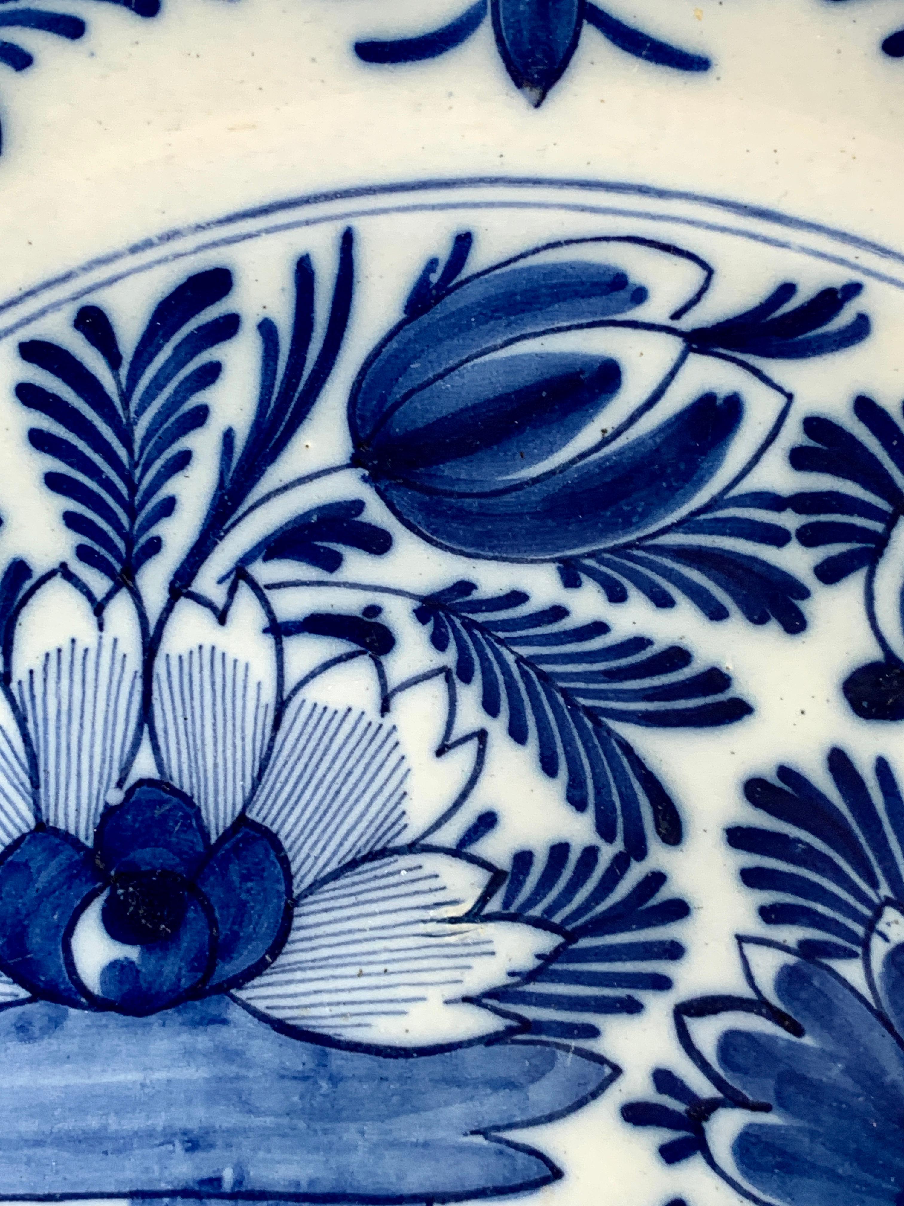 Hand-Painted Large Antique Blue and White Dutch Delft Charger Made, Circa 1800