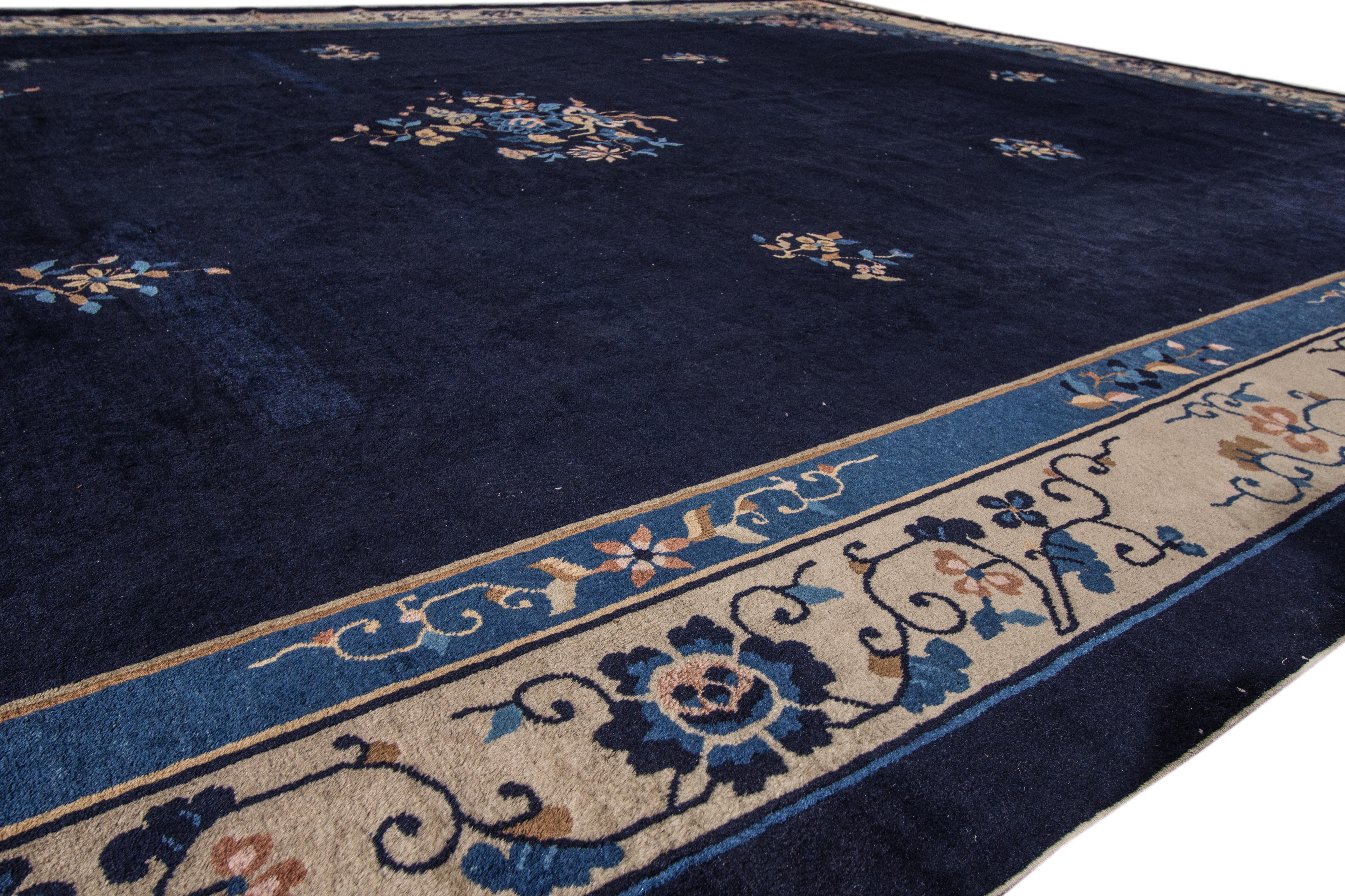 Chinese Export Large Antique Blue Chinese Art Deco Wool Rug For Sale