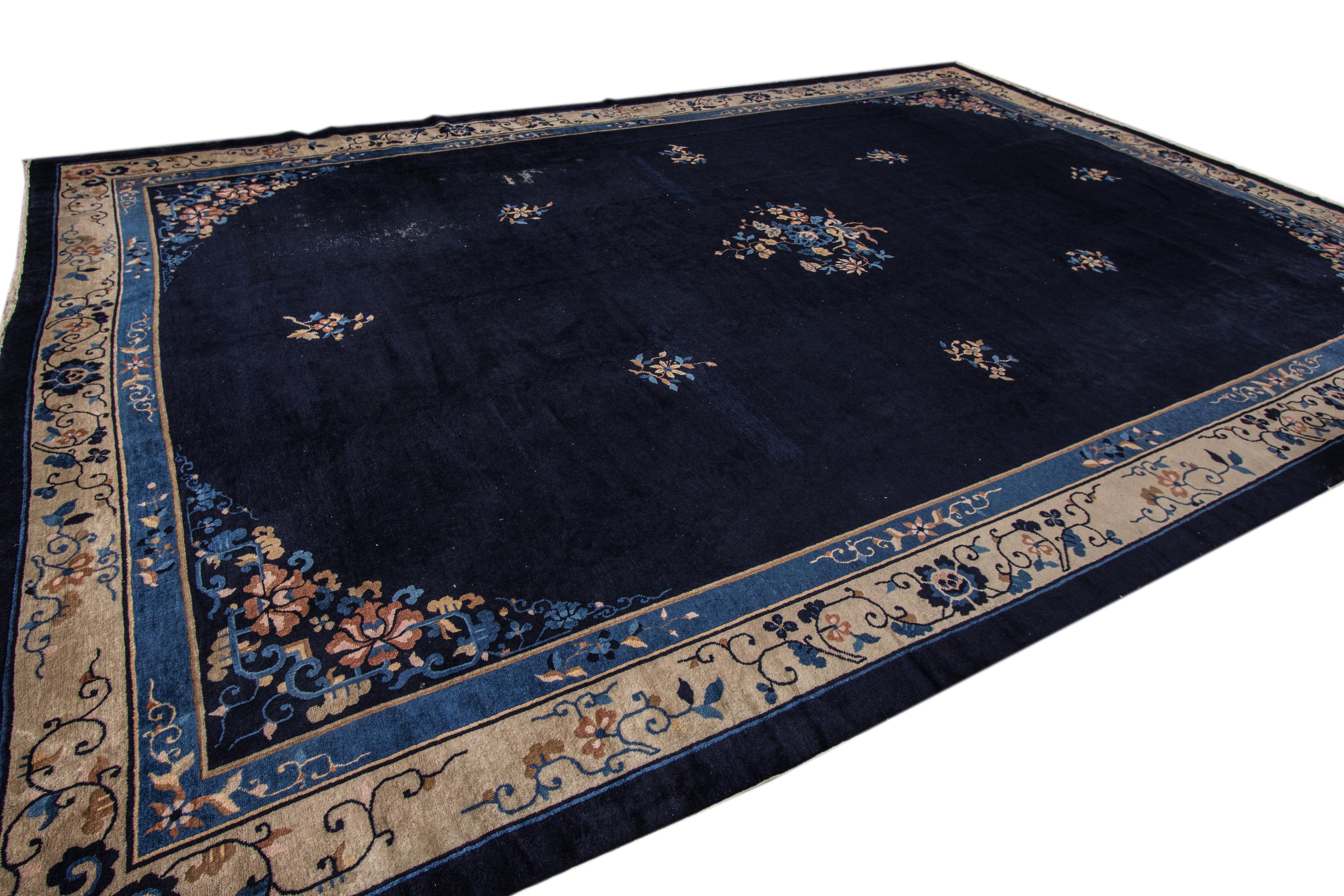 Hand-Knotted Large Antique Blue Chinese Art Deco Wool Rug For Sale