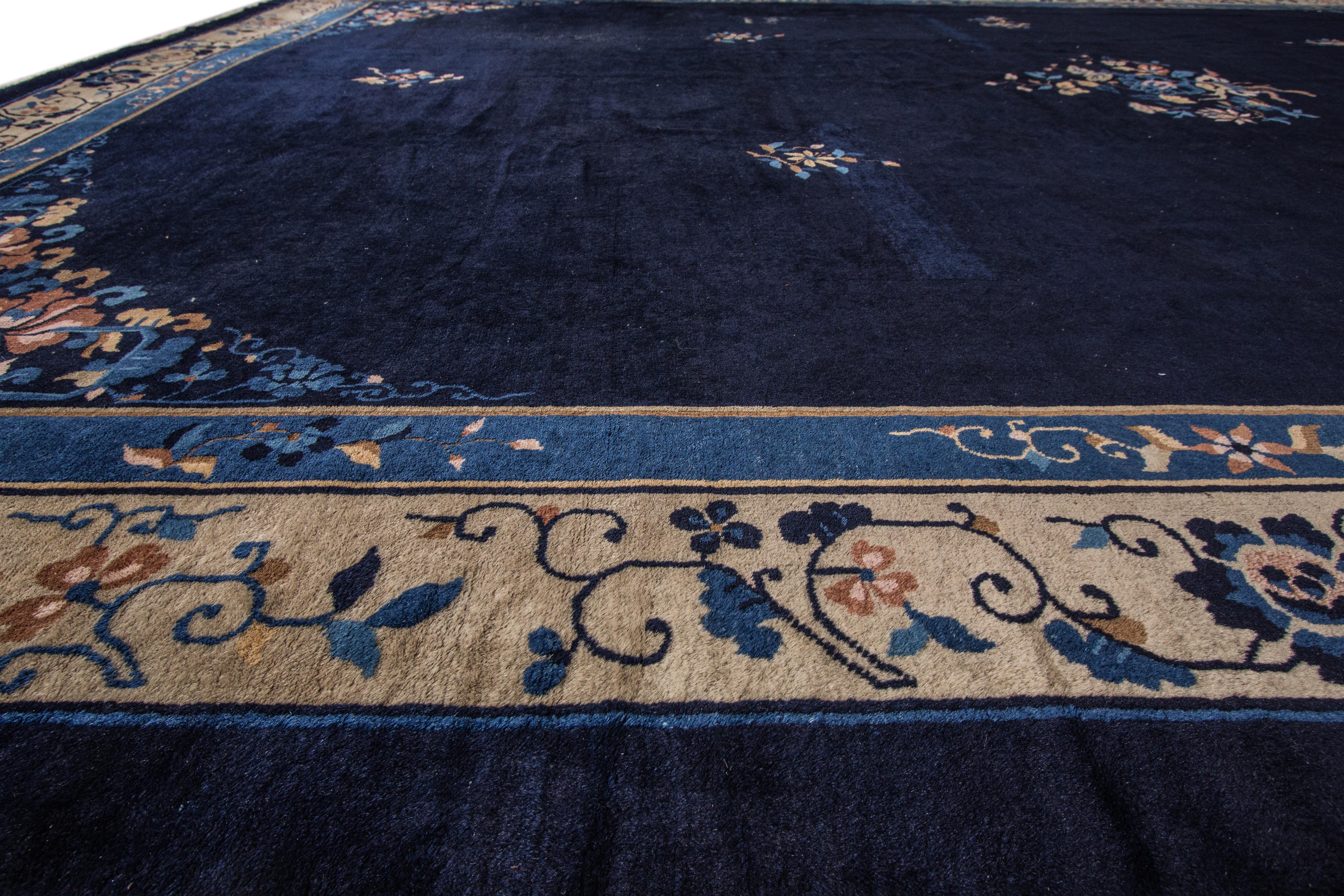 Large Antique Blue Chinese Art Deco Wool Rug In Good Condition For Sale In Norwalk, CT