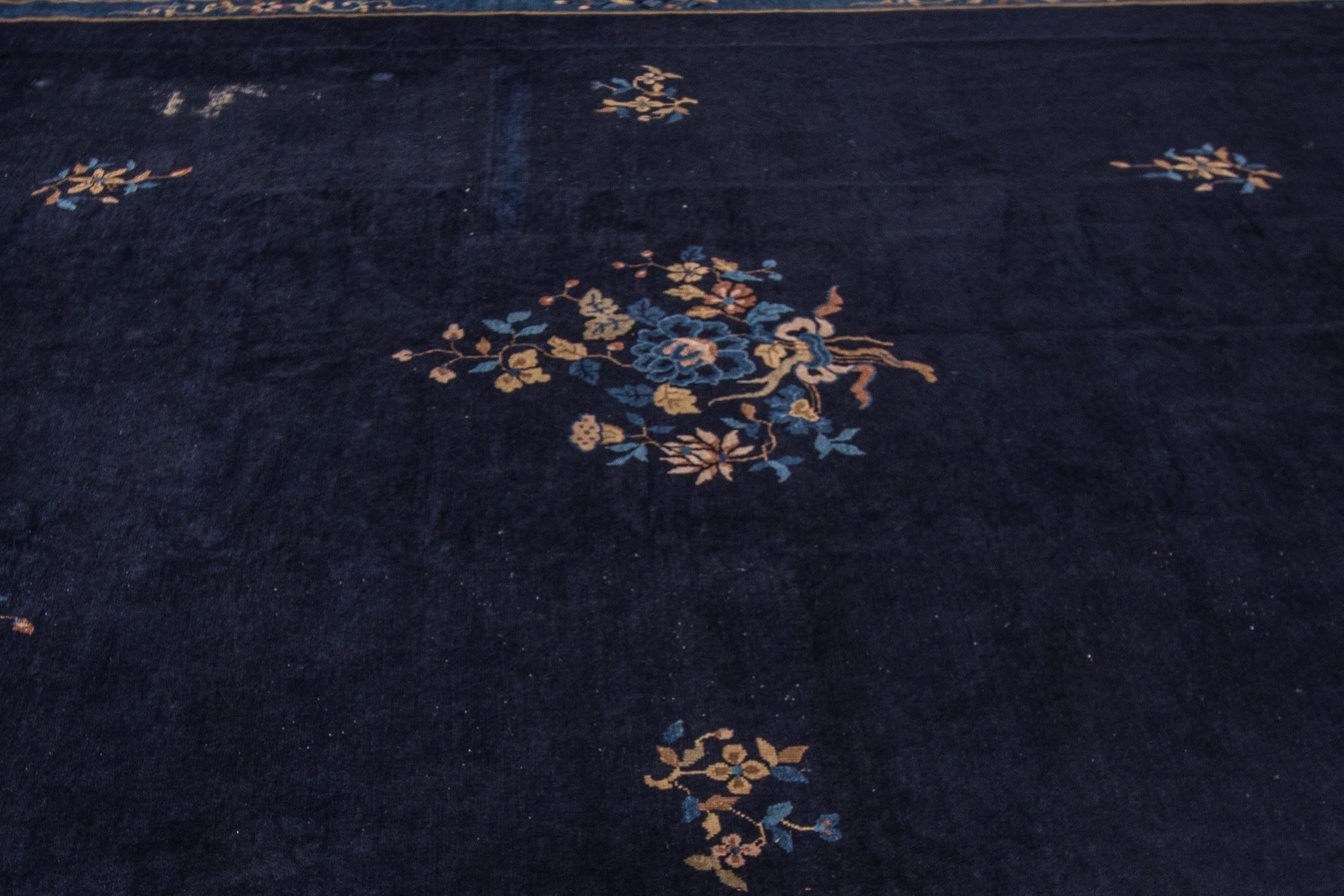 Early 20th Century Large Antique Blue Chinese Art Deco Wool Rug For Sale