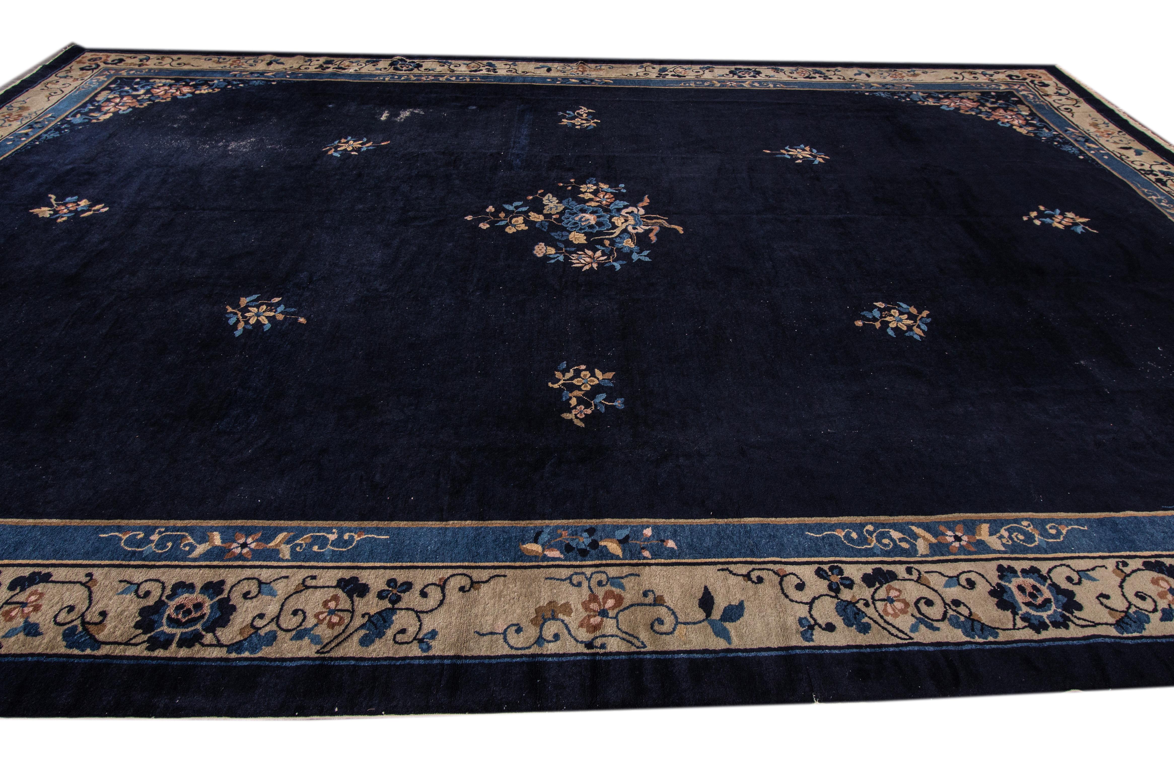 Large Antique Blue Chinese Art Deco Wool Rug For Sale 1