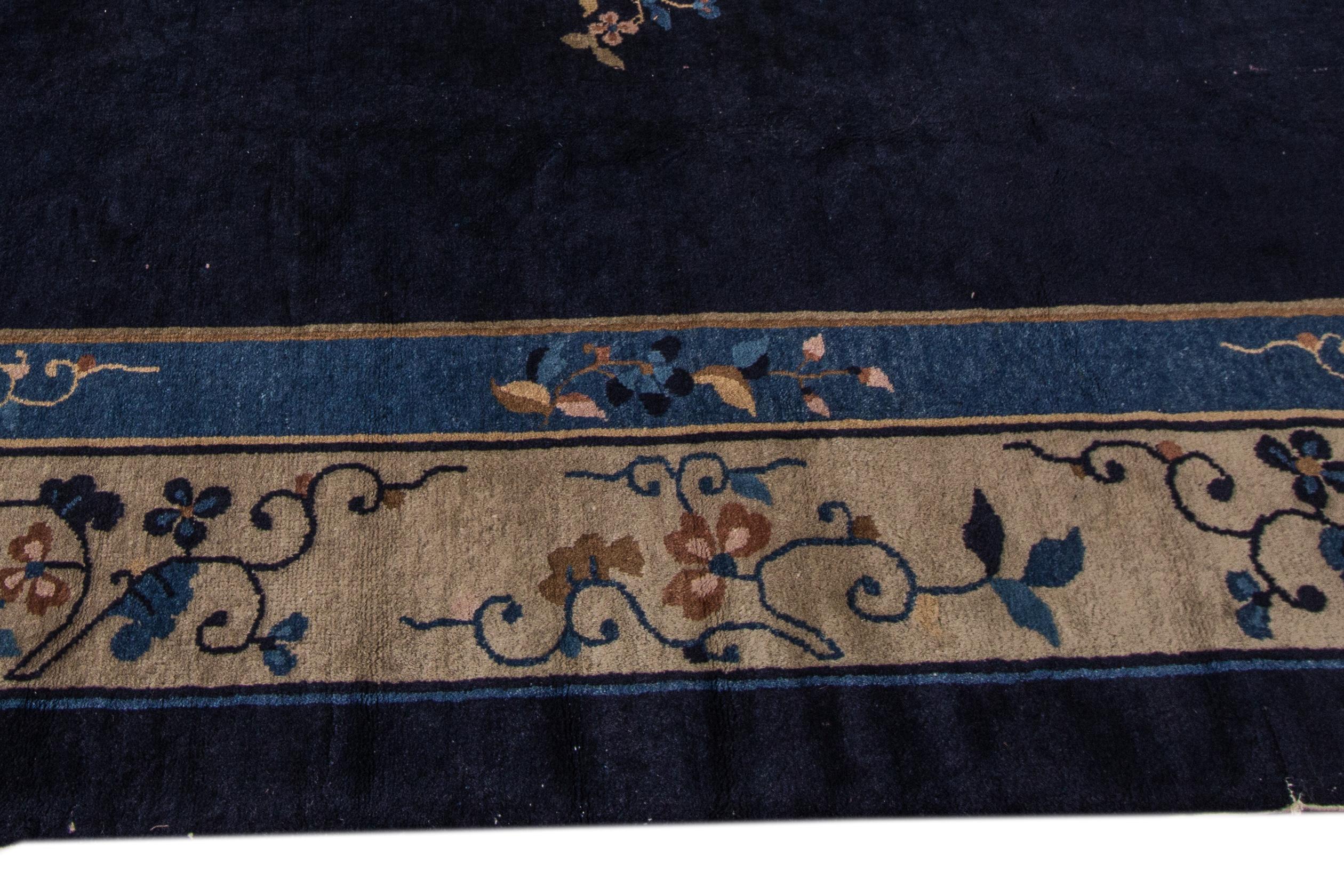 Large Antique Blue Chinese Art Deco Wool Rug For Sale 2