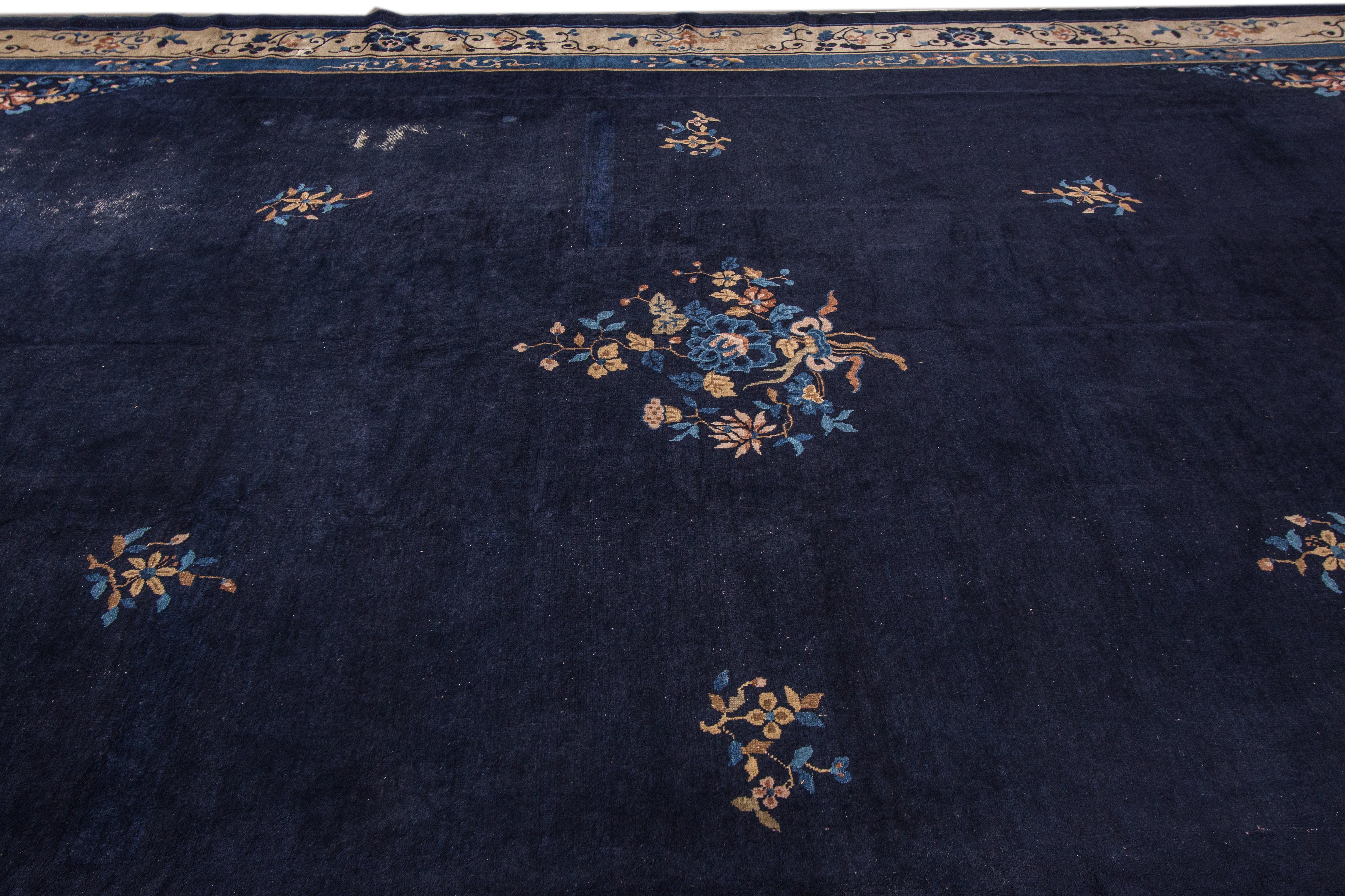 Large Antique Blue Chinese Art Deco Wool Rug For Sale 3