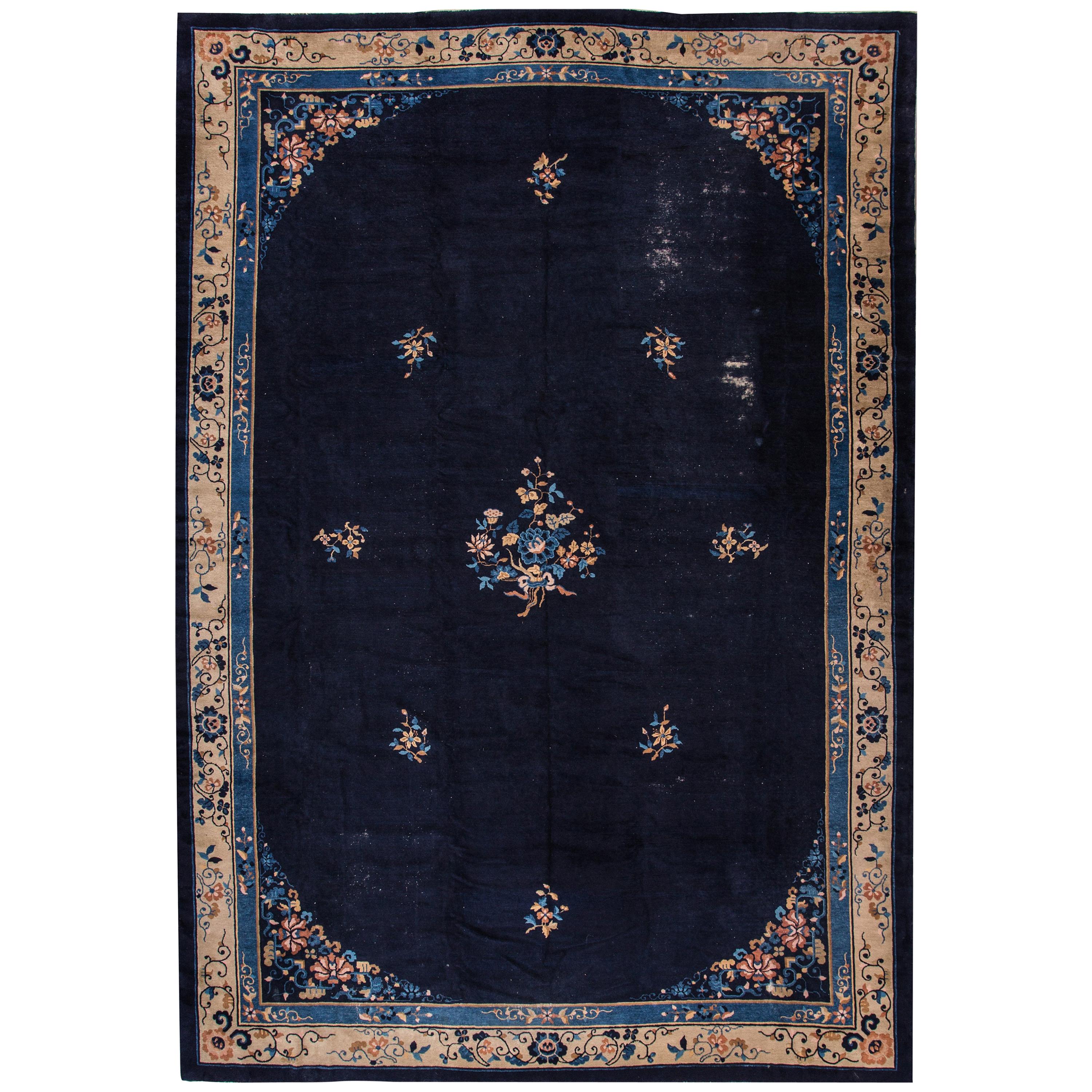 Large Antique Blue Chinese Art Deco Wool Rug For Sale