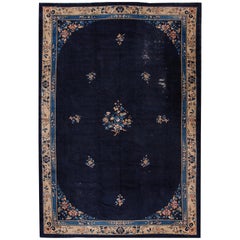 Large Antique Blue Chinese Art Deco Wool Rug