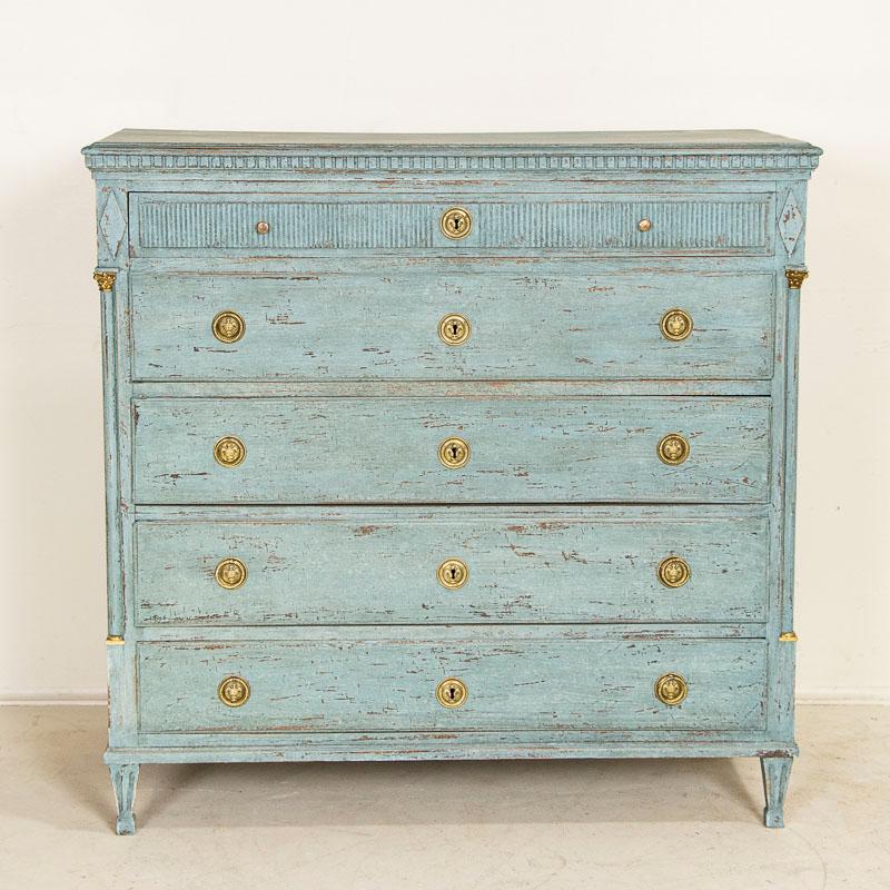 Danish Large Antique Blue Painted Oak Chest of 5 Drawers