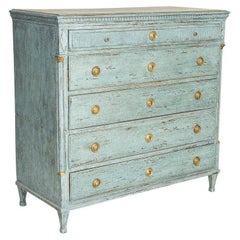Large Used Blue Painted Oak Chest of 5 Drawers