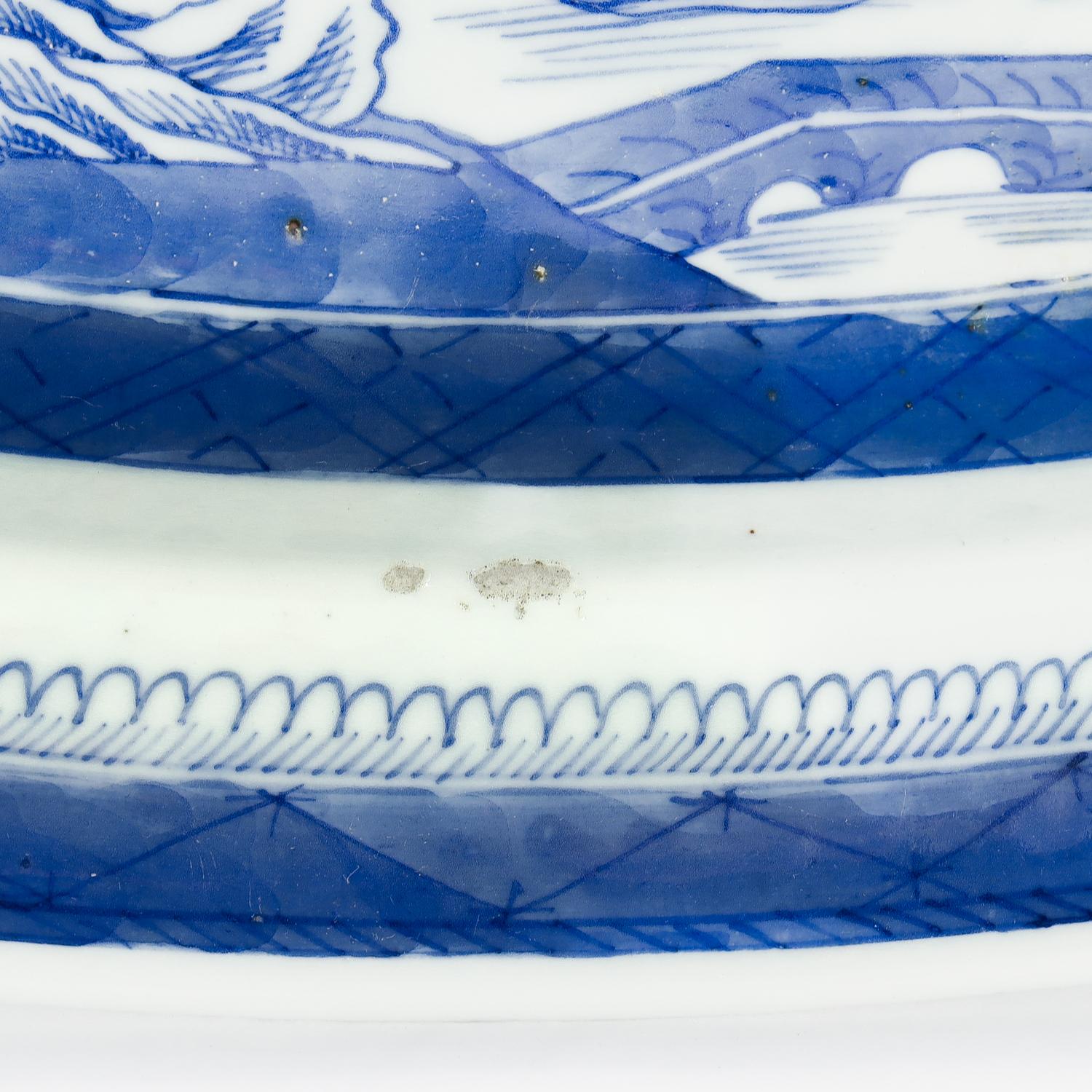 Large Antique Blue & White Canton Chinese Export Porcelain Fish Platter or Tray For Sale 8