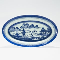 Large Antique Blue & White Canton Chinese Export Porcelain Fish Platter or Tray