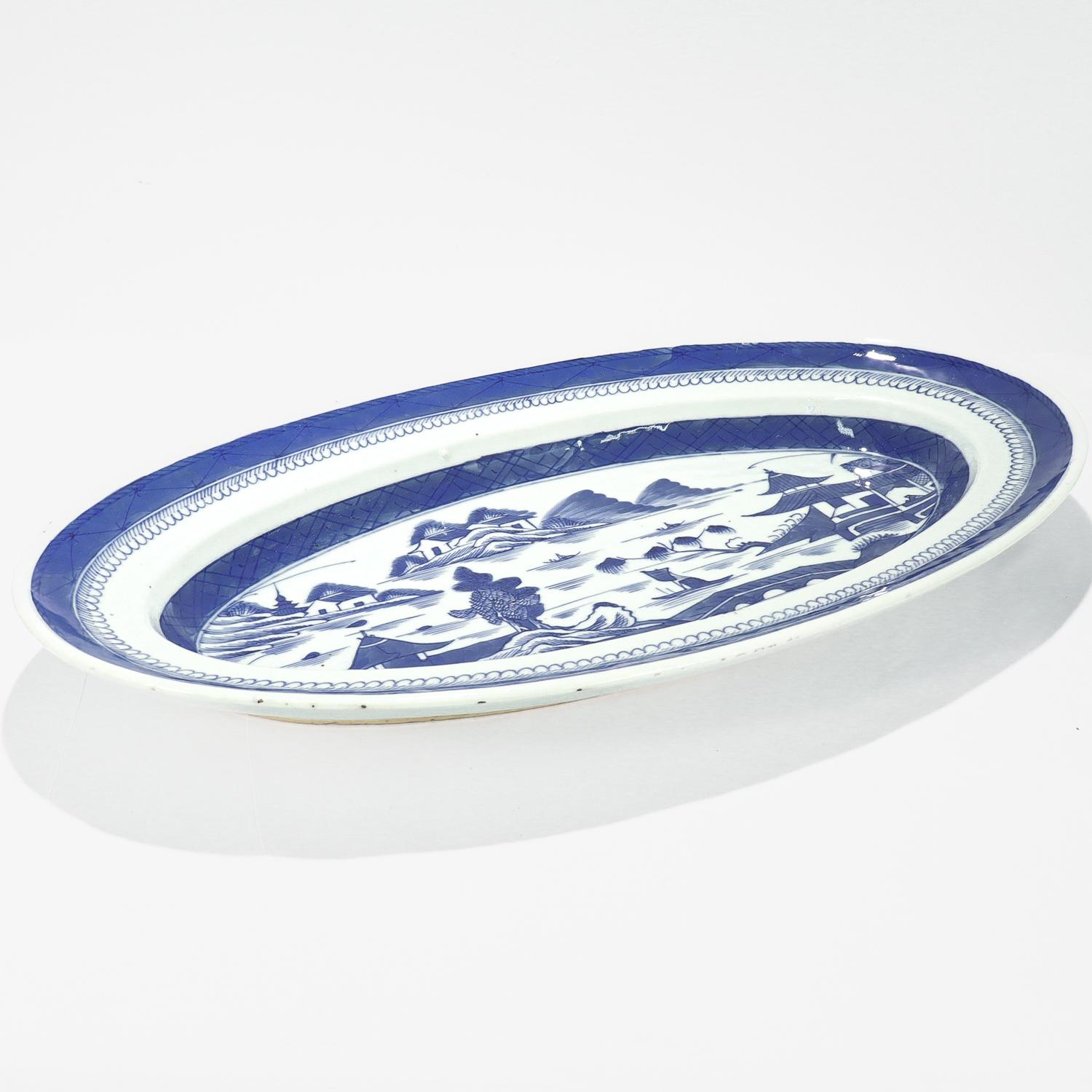 19th Century Large Antique Blue & White Canton Chinese Export Porcelain Fish Platter or Tray For Sale