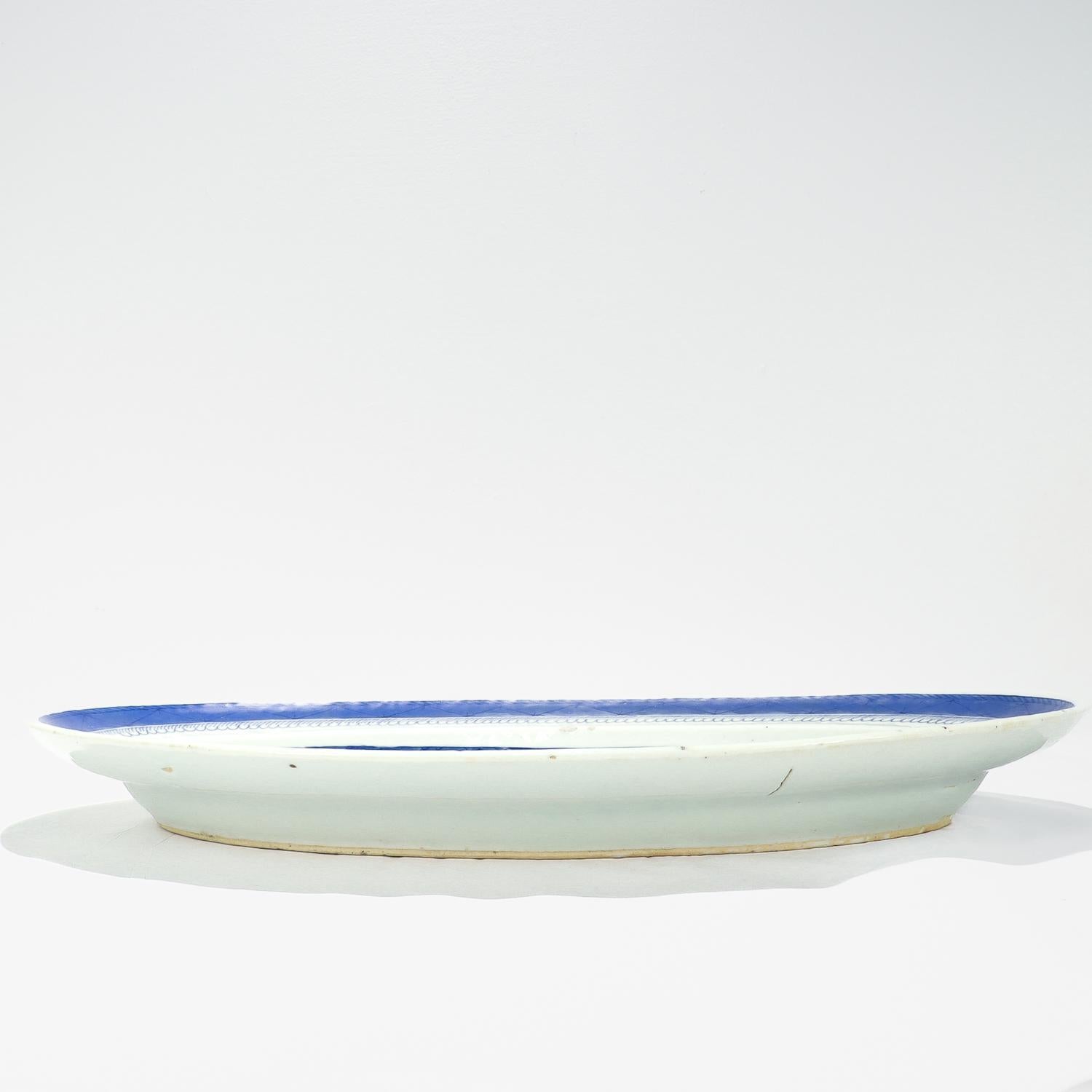 Large Antique Blue & White Canton Chinese Export Porcelain Fish Platter or Tray For Sale 5