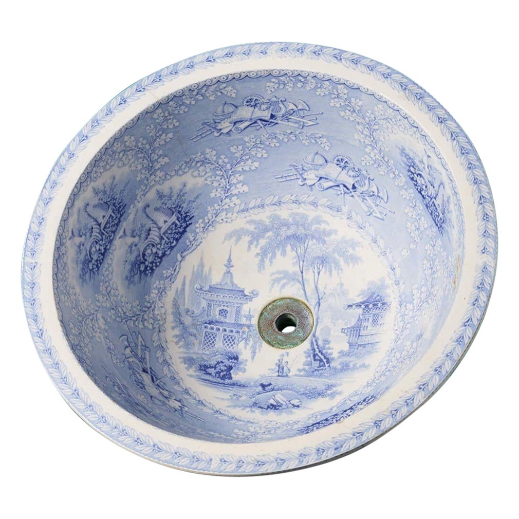 Large Antique Blue & White Transfer Print Bowl Basin
