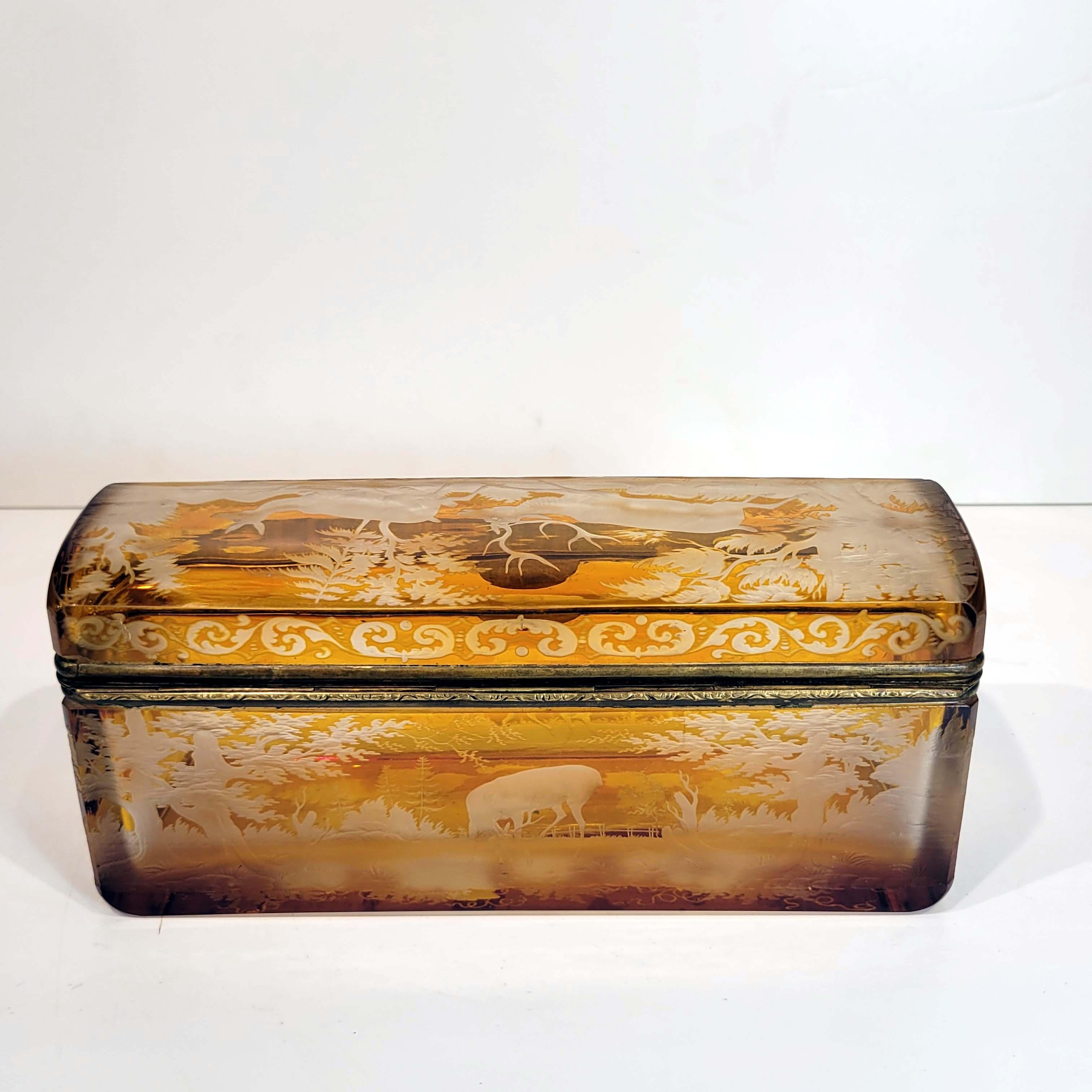 Biedermeier Large Antique Bohemian Intaglio Cut Amber Glass Jewelry Casket