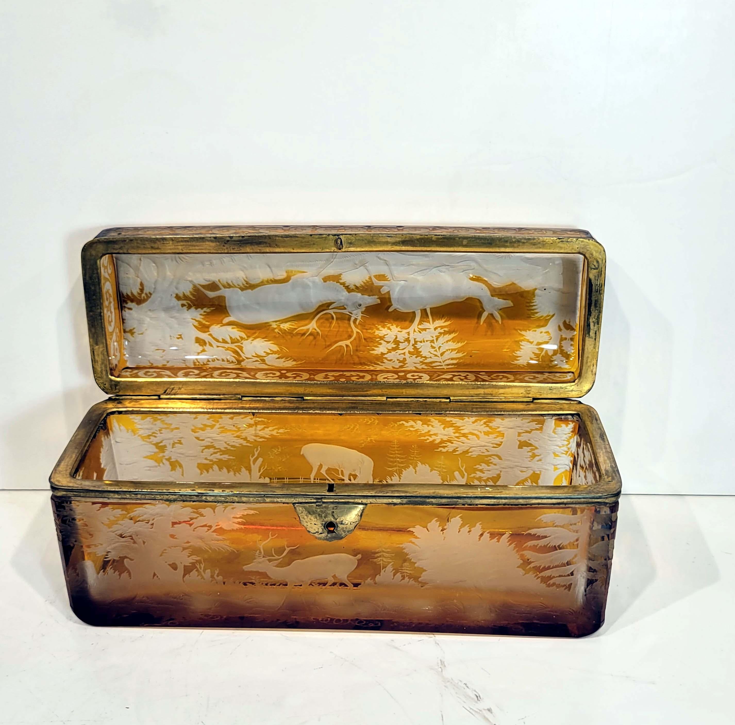 Hand-Carved Large Antique Bohemian Intaglio Cut Amber Glass Jewelry Casket