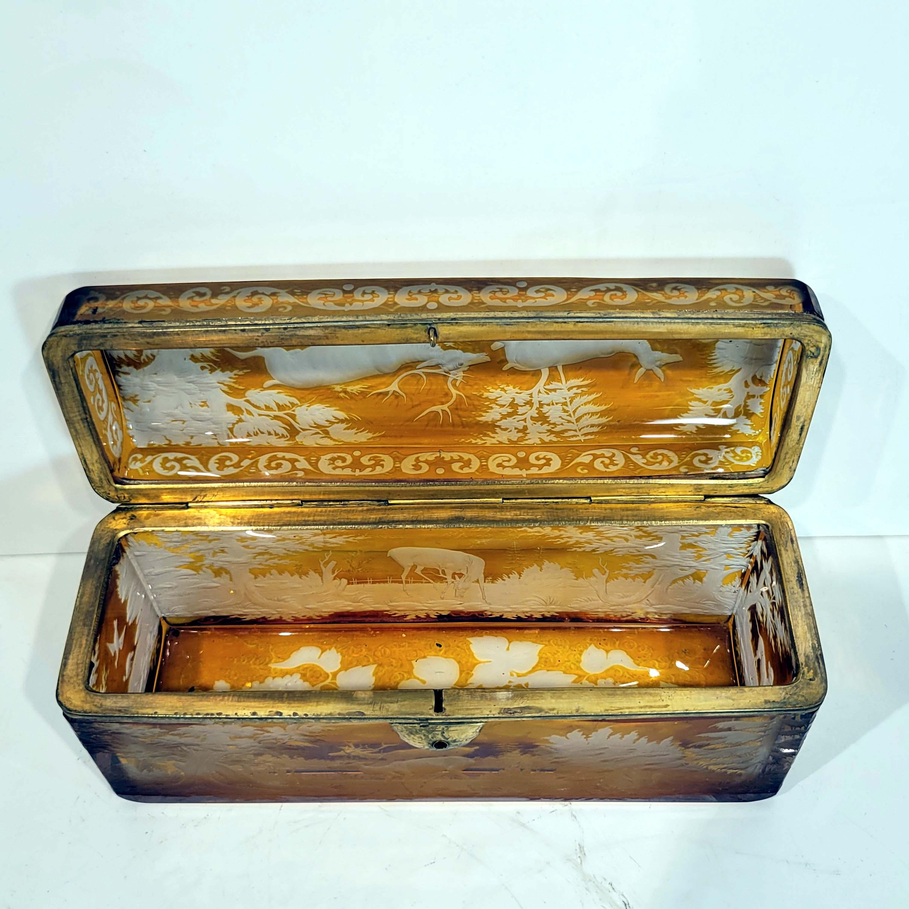 Large Antique Bohemian Intaglio Cut Amber Glass Jewelry Casket In Good Condition In New York, NY