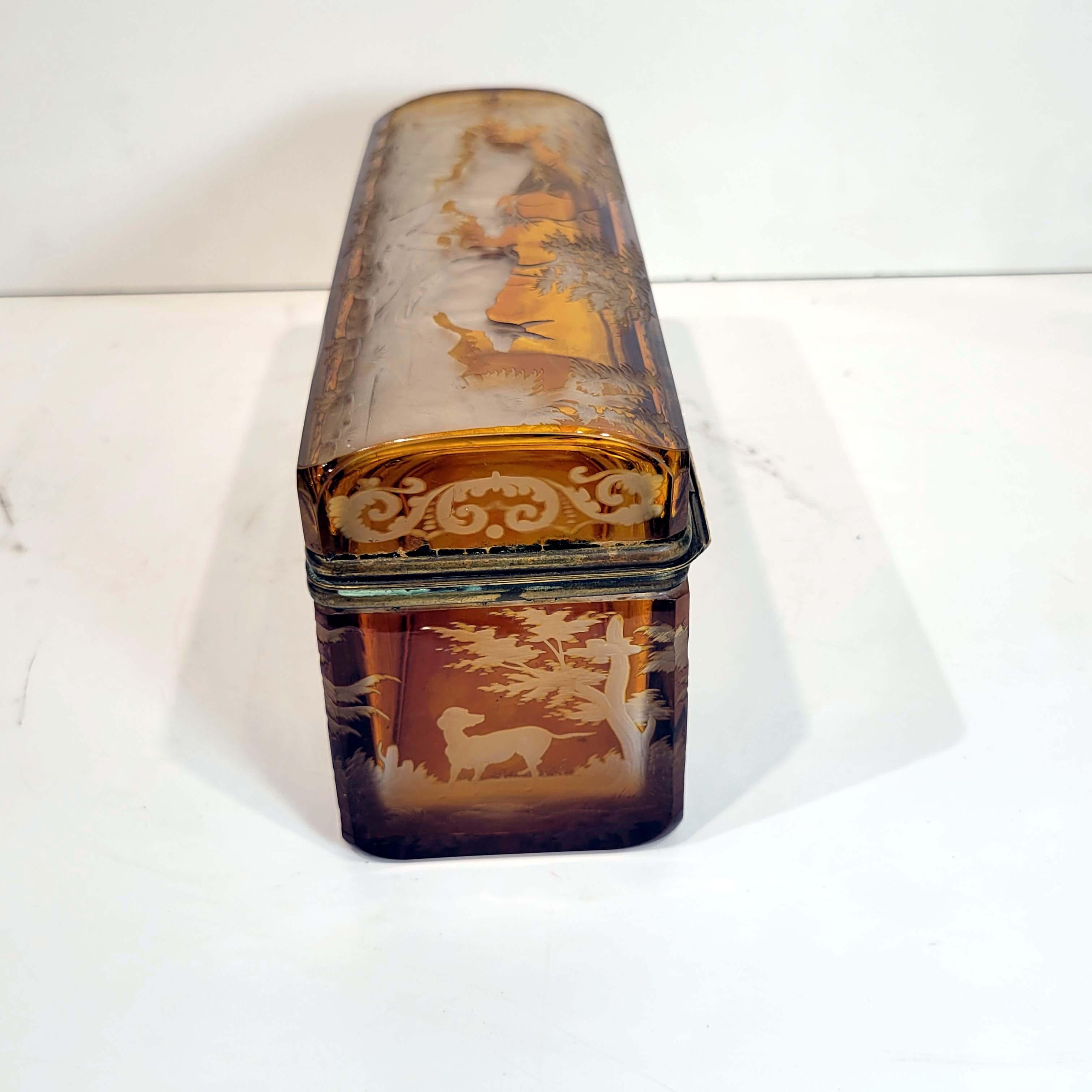 19th Century Large Antique Bohemian Intaglio Cut Amber Glass Jewelry Casket