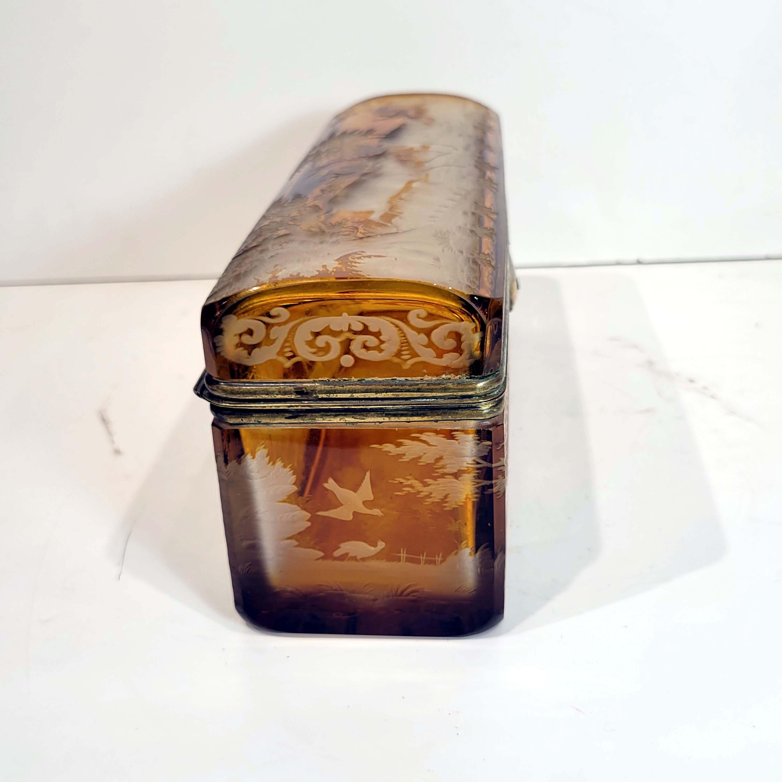 Large Antique Bohemian Intaglio Cut Amber Glass Jewelry Casket 1