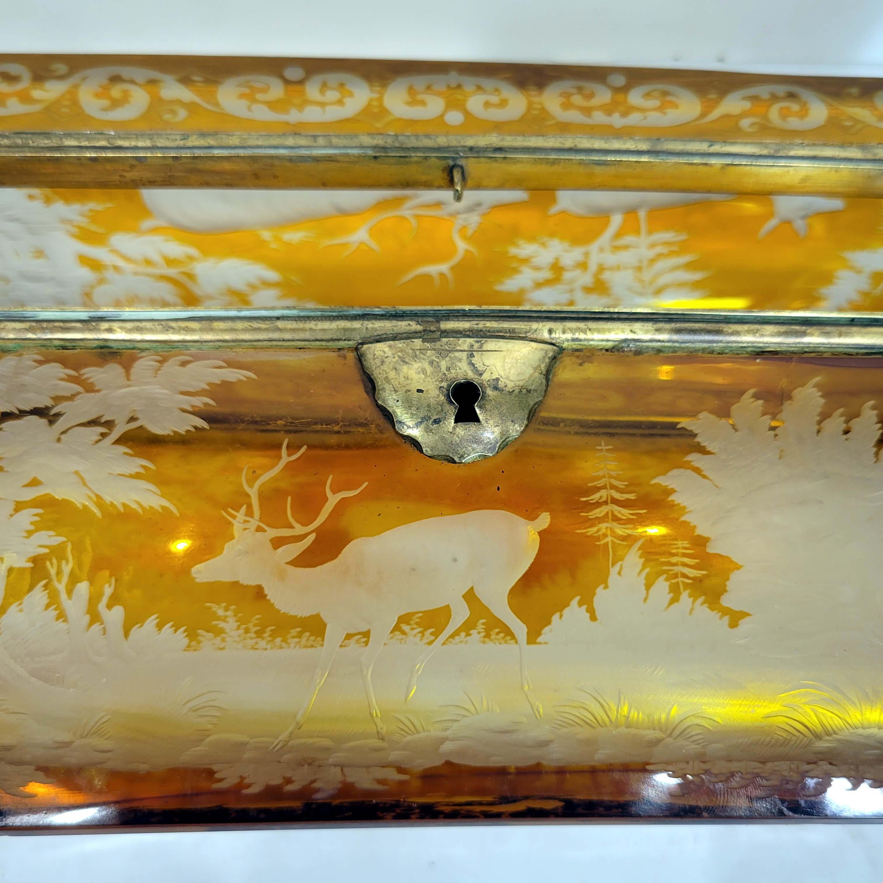 Large Antique Bohemian Intaglio Cut Amber Glass Jewelry Casket 2