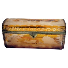 Large Antique Bohemian Intaglio Cut Amber Glass Jewelry Casket