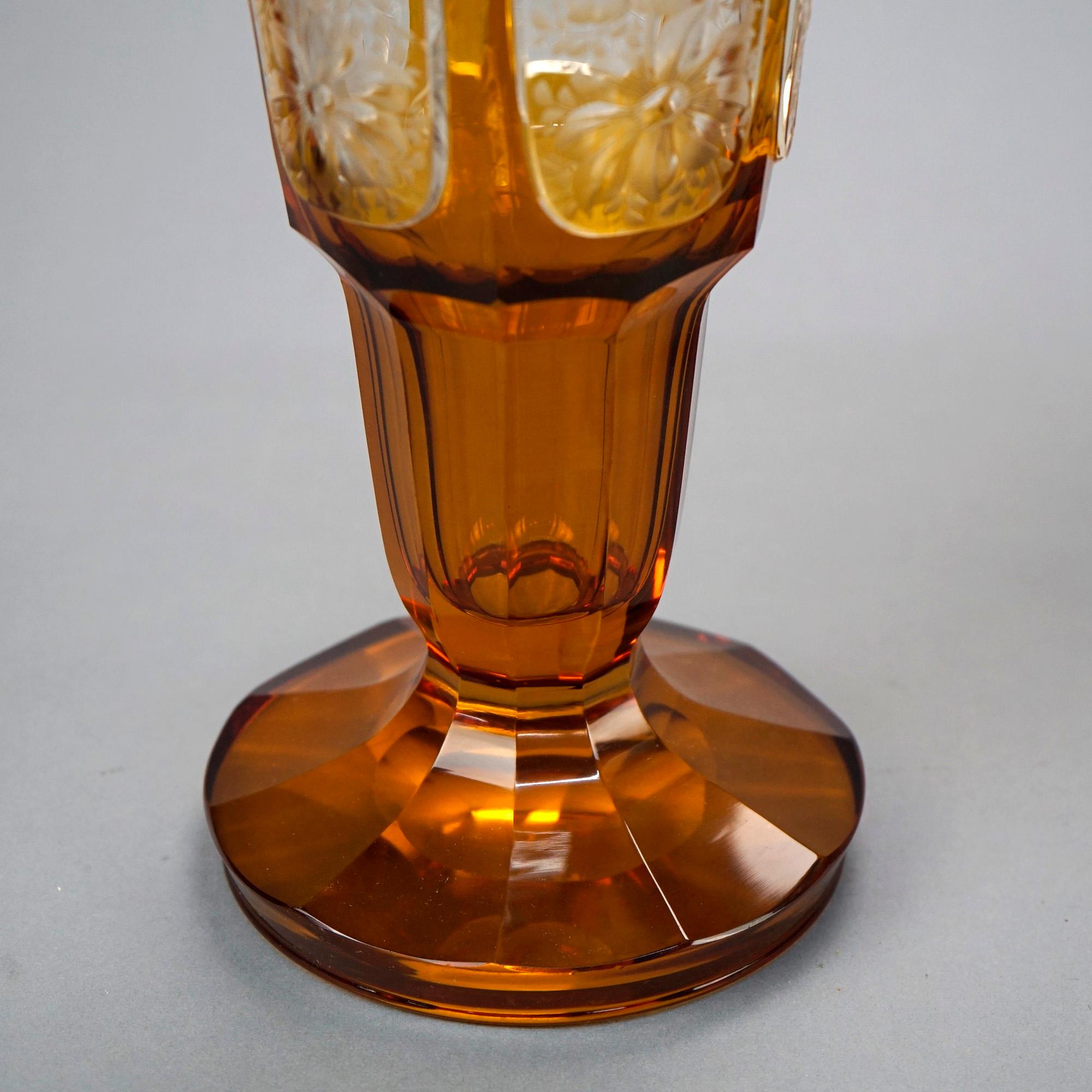 Engraved Large Antique Bohemian Moser School Amber Art Glass Cut-to-Clear Vases, c1890 For Sale
