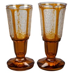Large Antique Bohemian Moser School Amber Art Glass Cut-to-Clear Vases, c1890