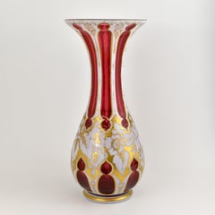 LARGE ANTIQUE BOHEMIAN OPALINE OVERLAY CUT-GLASS VASE, 19th CENTURY