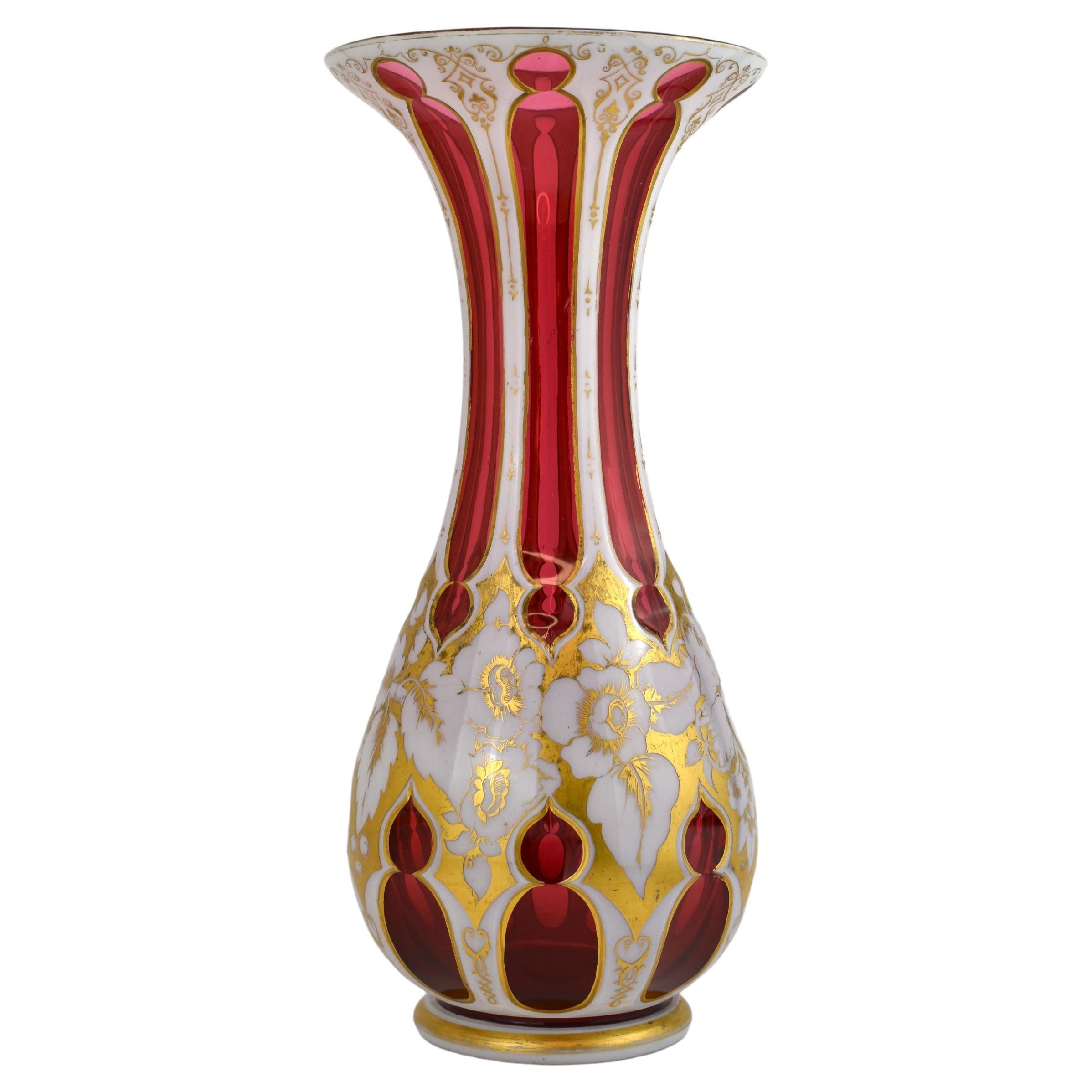 LARGE ANTIQUE BOHEMIAN OPALINE OVERLAY CUT-GLASS VASE, 19th CENTURY