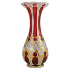 LARGE ANTIQUE BOHEMIAN OPALINE OVERLAY CUT-GLASS VASE, 19th CENTURY