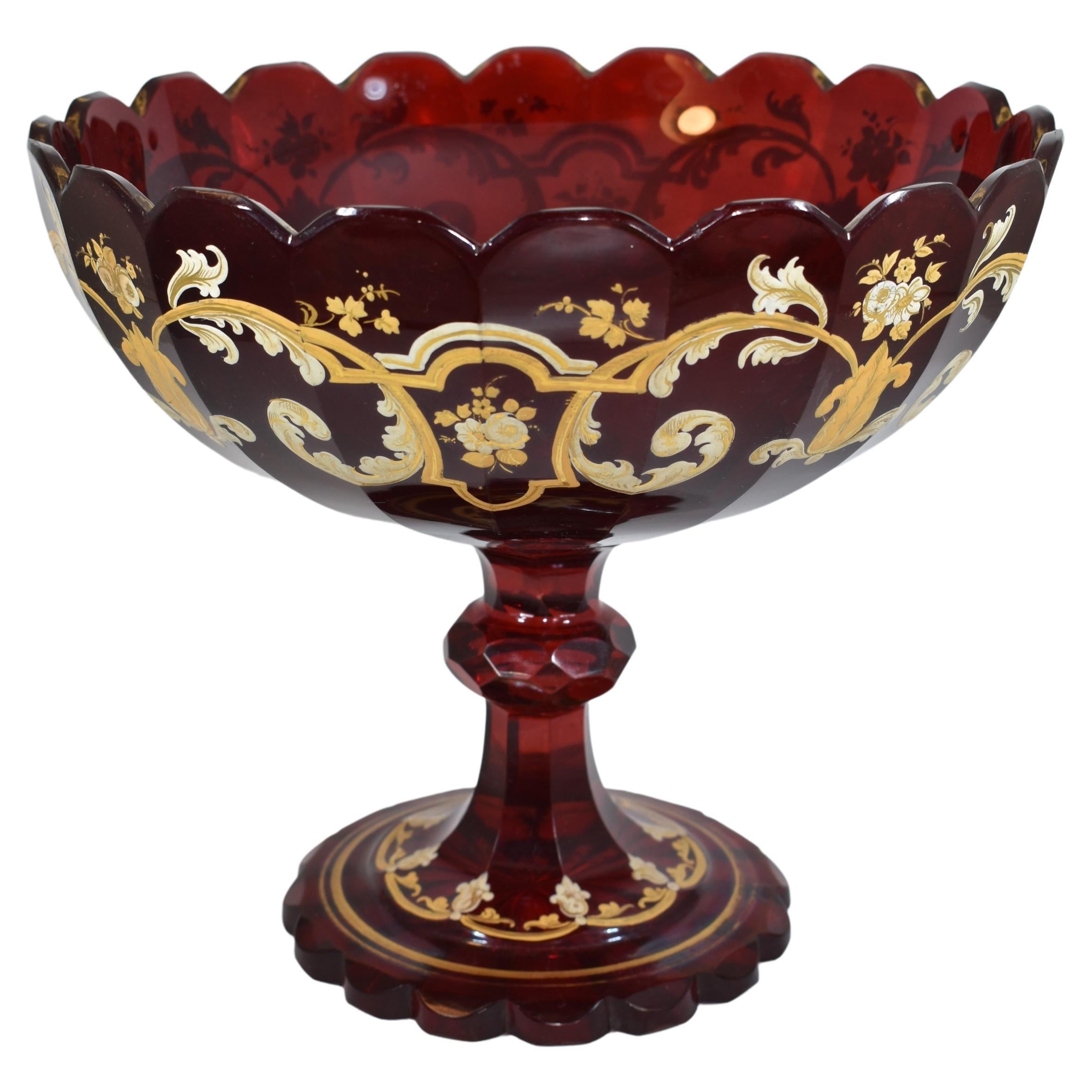 Large Antique Bohemian Ruby Red Enameled Glass Tazza Bowl, 19th Century In Good Condition For Sale In Rostock, MV