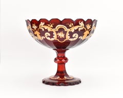 Large Antique Bohemian Ruby Red Enameled Glass Bowl Centerpiece, 19th Century