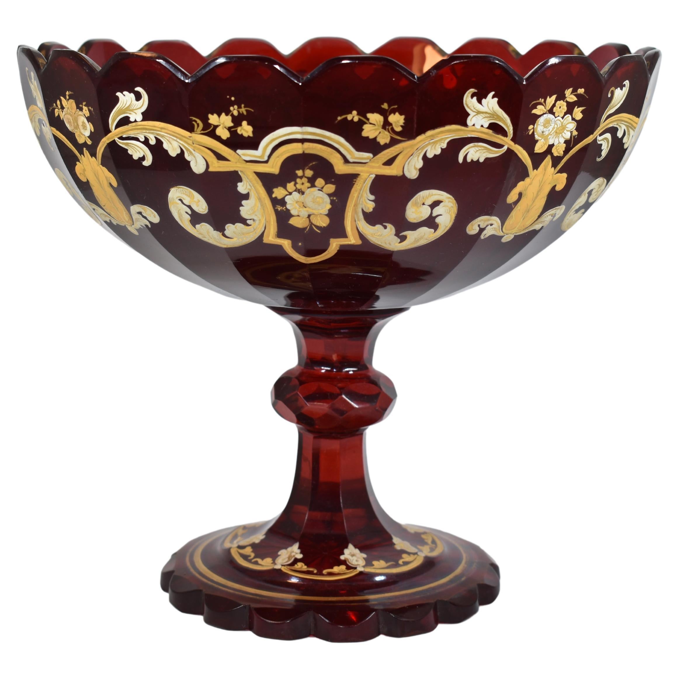 Large Antique Bohemian Ruby Red Enameled Glass Tazza Bowl, 19th Century For Sale