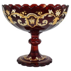 Large Antique Bohemian Ruby Red Enameled Glass Tazza Bowl, 19th Century