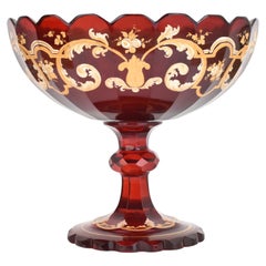 Large Antique Bohemian Ruby Red Enameled Glass Bowl Centerpiece, 19th Century