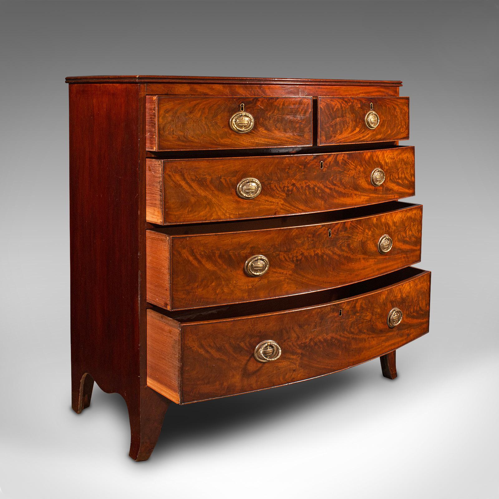 This is a large antique bow front chest of drawers. An English, mahogany tallboy, dating to the Georgian period, circa 1780.

Wonderful form and proportion to this exquisite Georgian piece
Displaying a desirable aged patina and in very good