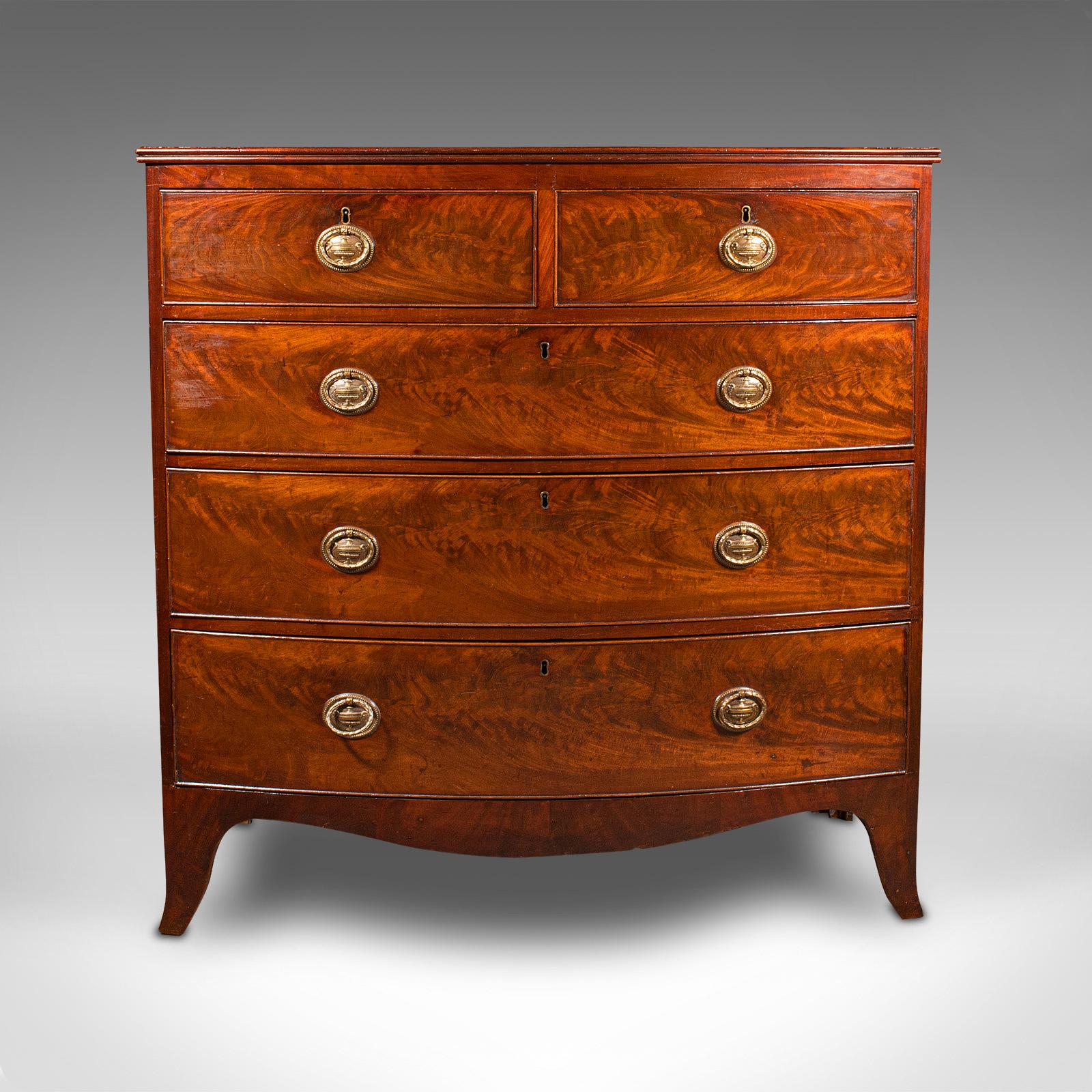 British Large Antique Bow Front Chest of Drawers, English, Tallboy, Georgian, Circa 1780