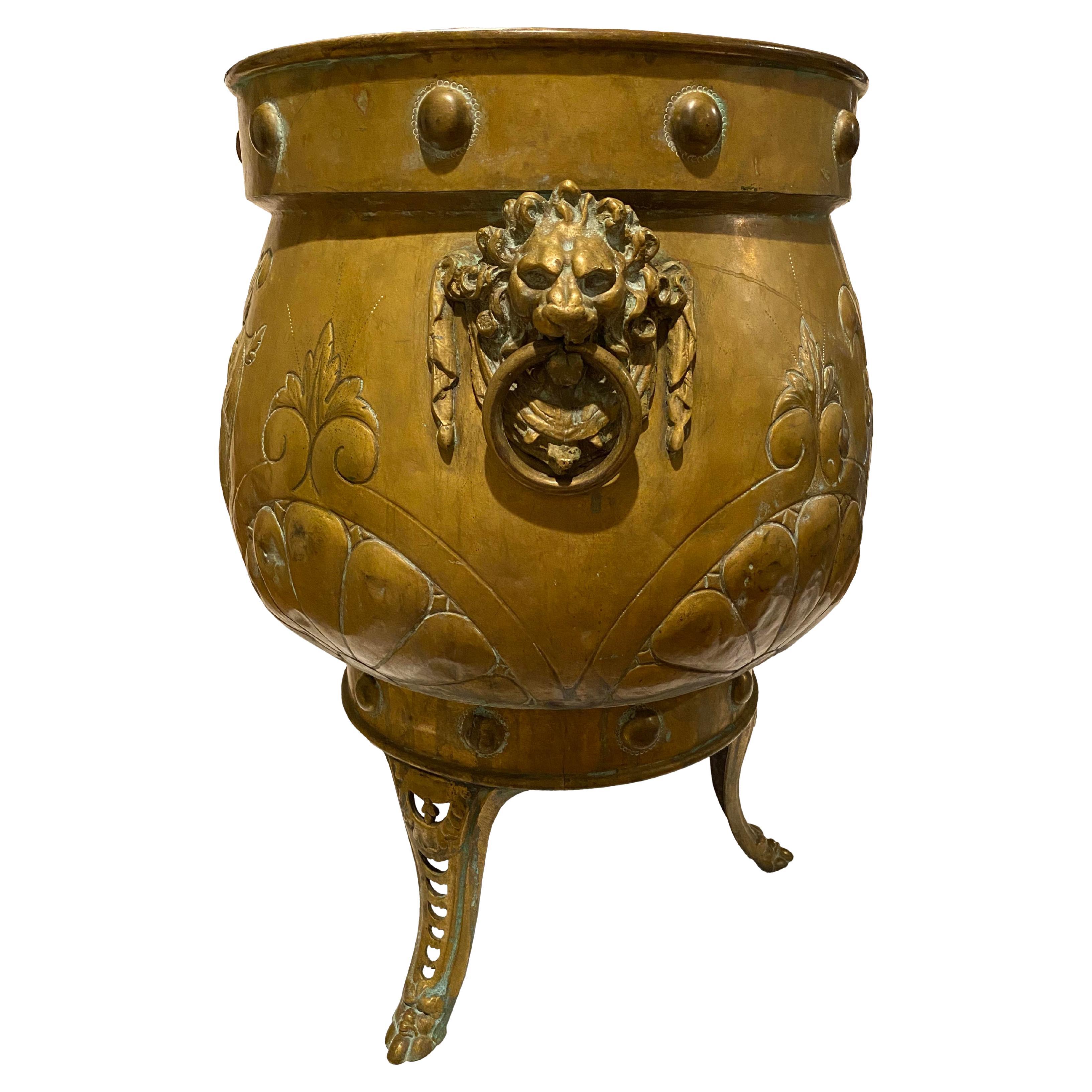 Large Antique Brass Jardiniere with Lion Motif Handles