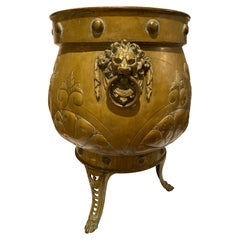 Large Antique Brass Jardiniere with Lion Motif Handles
