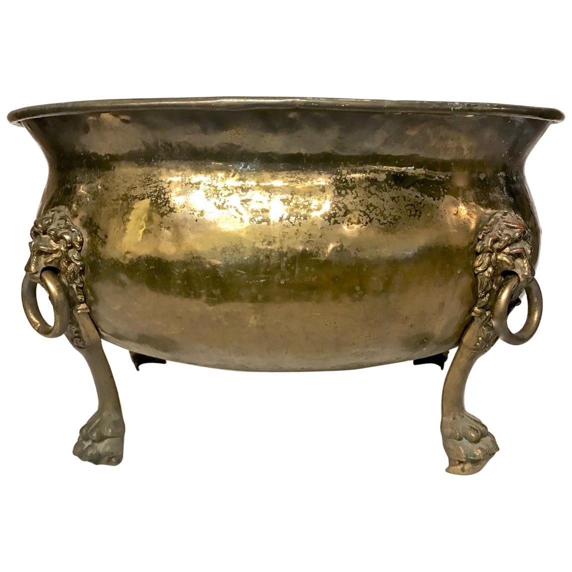 Large Antique Brass Log Bin with Lion Mask Handles