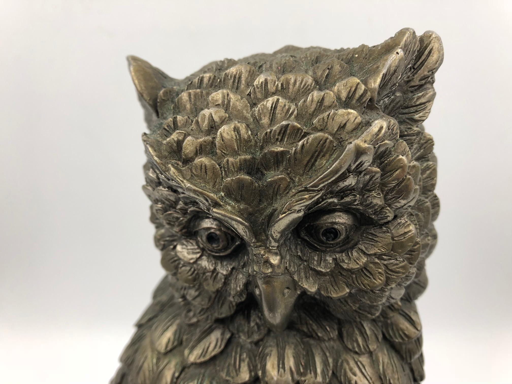 Late Victorian Large Antique Brass Silvered Owl Sculpture, circa 1890 For Sale