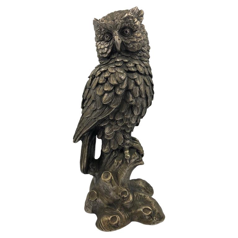 Large Antique Brass Silvered Owl Sculpture, circa 1890 For Sale