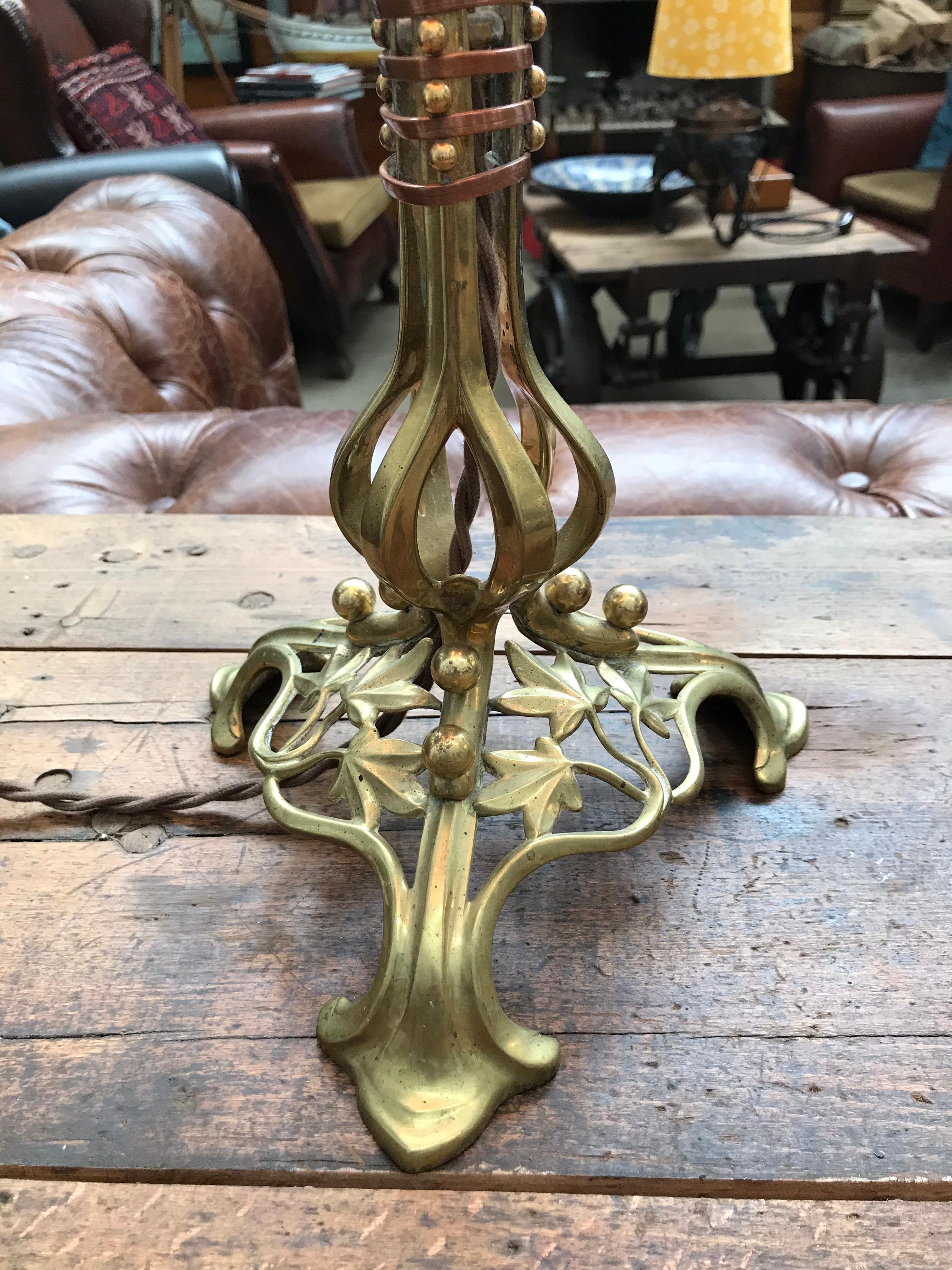 Country Large Antique Brass Table Lamp in the Manner of WAS Benson For Sale