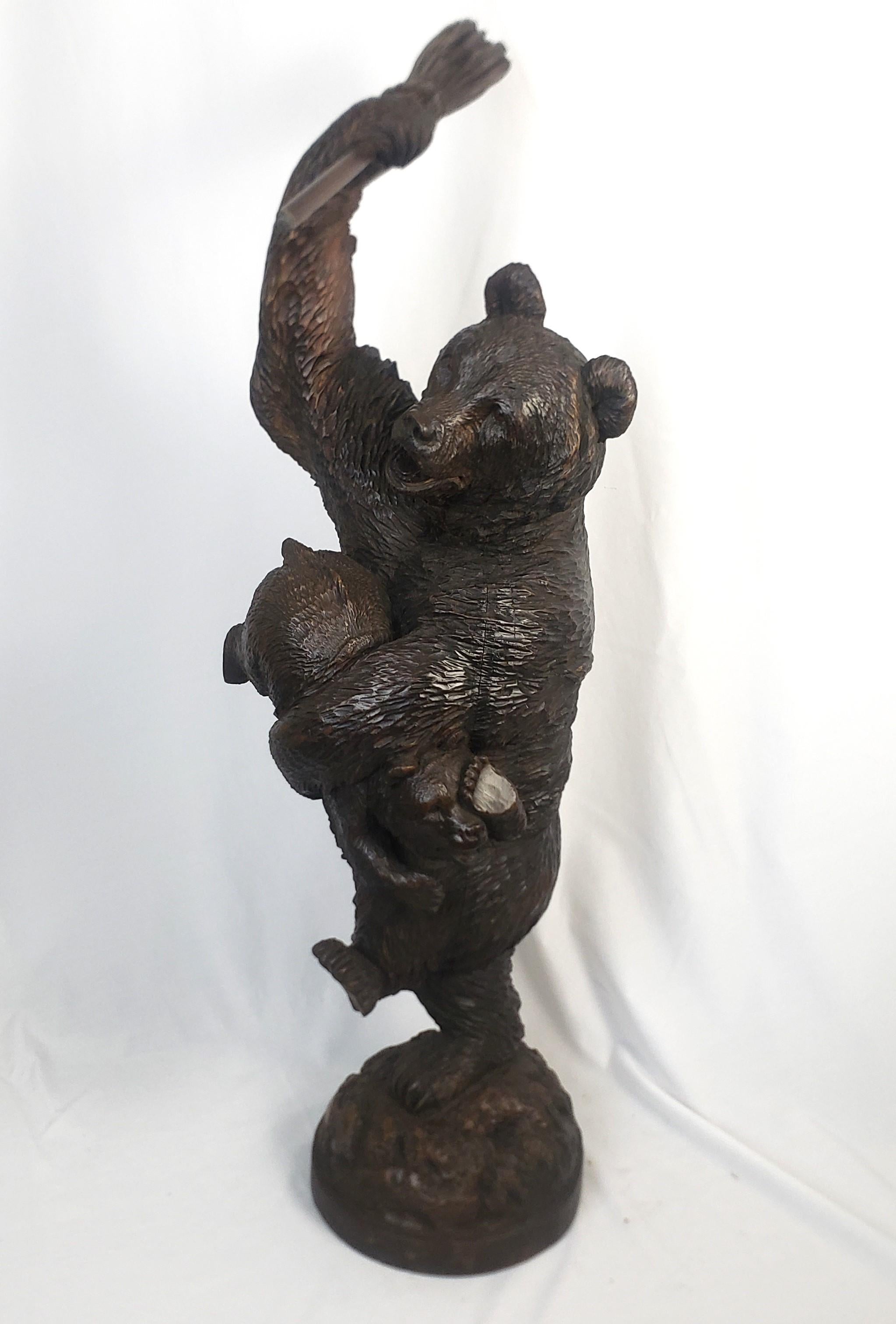 Hand-Carved Large Antique Brienz Black Forest Whimsical Bear & Cub Wooden Folk Art Carving For Sale
