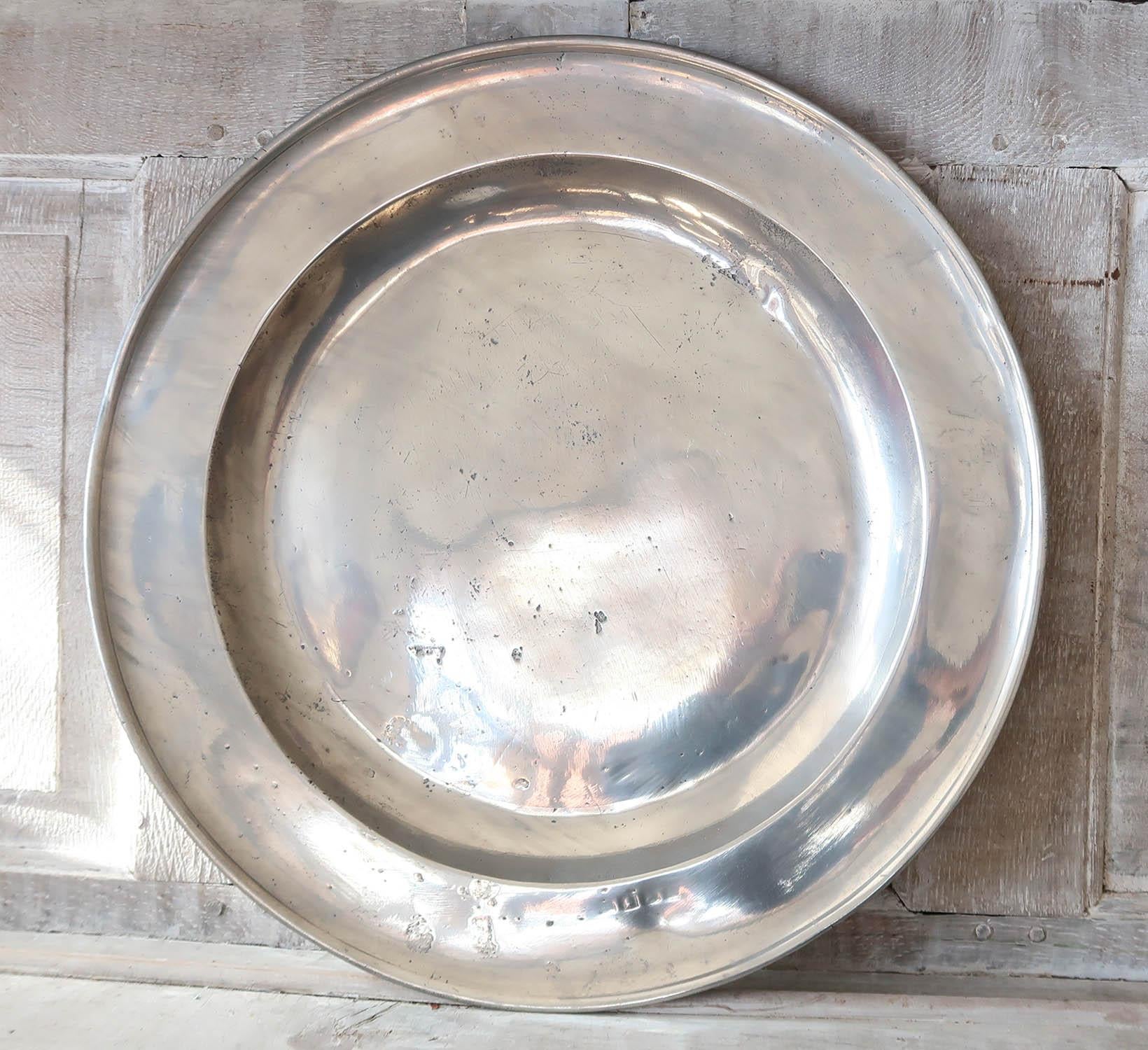 18th Century Large Antique Brightly Polished Pewter Chargers, 20 Inches Diameter. C.1750 For Sale