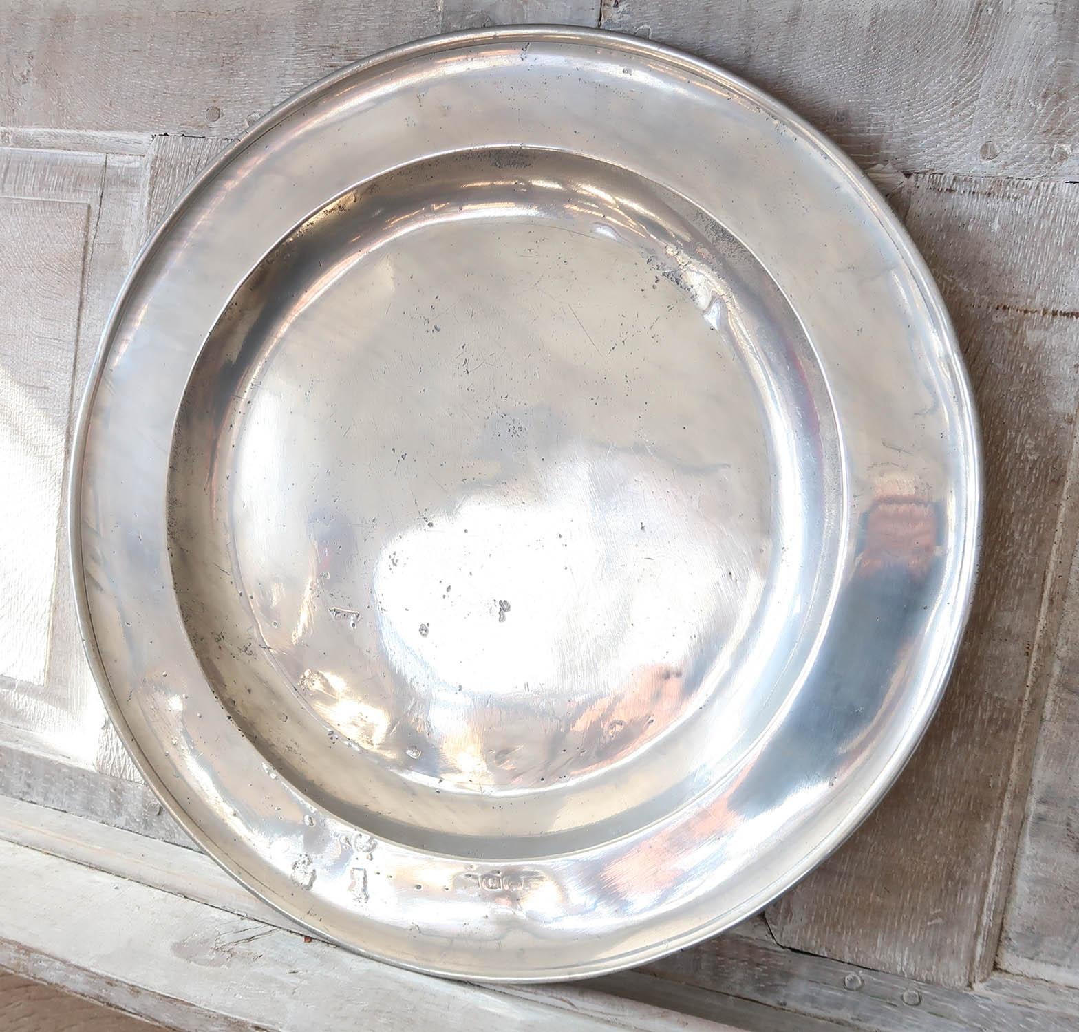 Large Antique Brightly Polished Pewter Chargers, 20 Inches Diameter. C.1750 For Sale 1